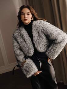 Anewsta Autumn/Winter Elegant Black & White Gradient Faux Fur Coat, Long Hair Waist-Exposing Design, Sophisticated Top - Black and White - View 7