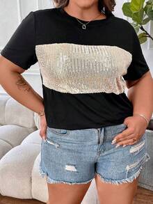 SHEIN CURVE+ Plus Size Women's Sequined Short Sleeve T-Shirt With Patchwork Design - Black - View 3