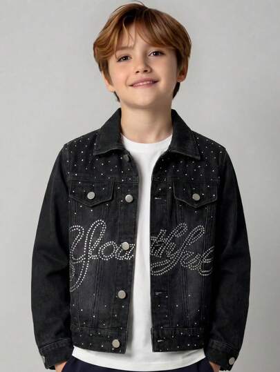 SHEIN Bolty Tween Boy Fashion Casual Y2k Vintage Cool Street Basic And Cut Out Ripped Frayedsimple Black Denim With Holes And Red Patchwork Christmas Elements Loose Long-Sleeved Denim Jacket For Kids Clothes Tween Boy Dailywear And Kids Winter And Fall Rave Outfits Festival And Outfits Streetwear Clothes Kids Jeans Jacket Jacket For Kids Boy