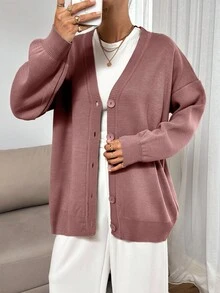 EURMUSE 女式纯色落肩长袖单排扣休闲针织开衫 - 藕粉色 - 查看 5
