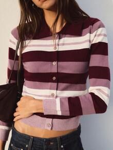 Nöista Stripe Knit Cardigan In Burgundy, Lilac And Cream Tones With Collar And Button Front. Perfect For Office Wear, Layering And Day-To-Night - Purple - View 4