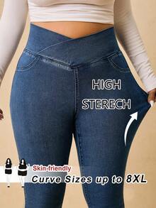 SHEIN CURVE+ 大尺碼女款休閒百搭日常牛仔褲 - 藍色 - 查看 2