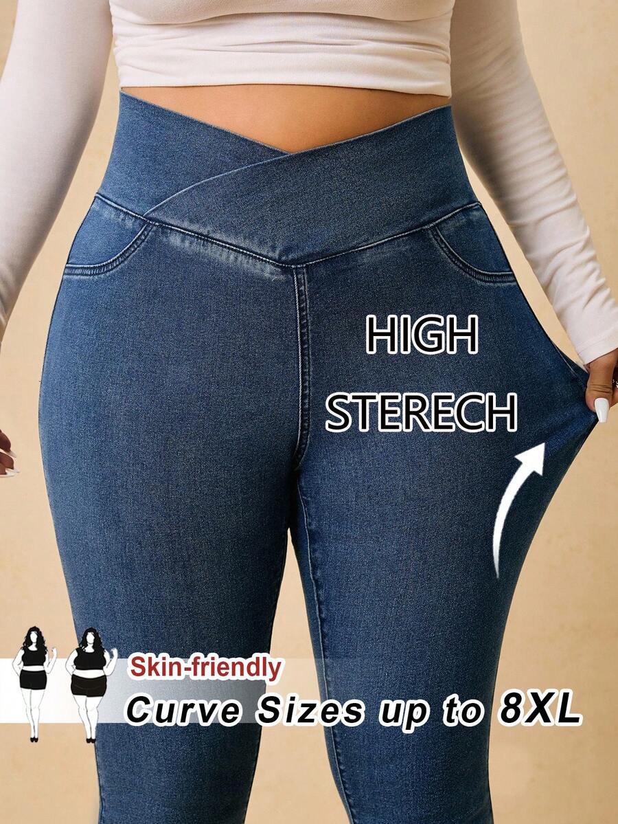 SHEIN CURVE+ 大尺碼女款休閒百搭日常牛仔褲