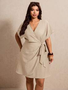 Elaquor Vestido casual de verano de talla grande con lazo y unicolor - Caqui - Ver 1