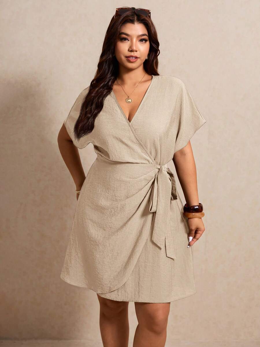 Elaquor Vestido casual de verano de talla grande con lazo y unicolor - Caqui - Ver 1
