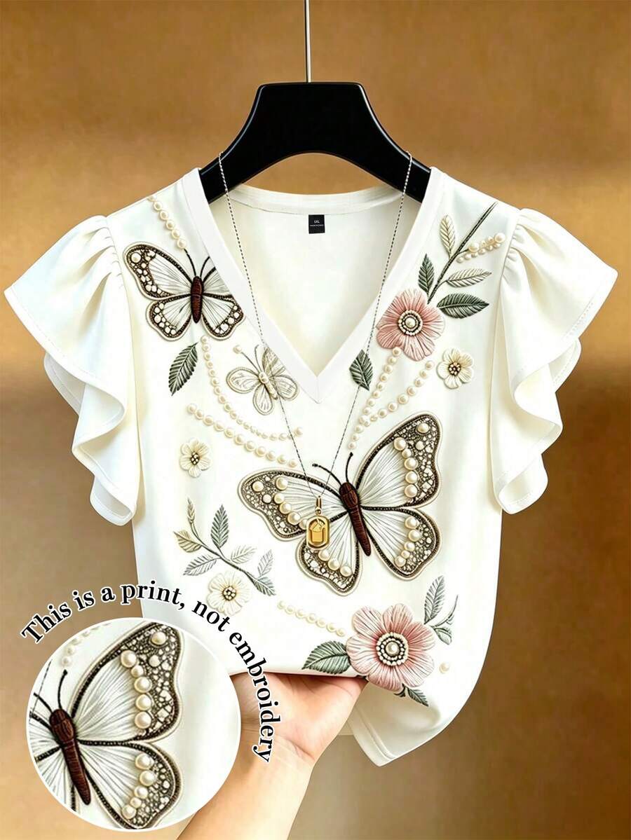 EMERY ROSE Camiseta de manga corta con cuello en V y ribete de volantes, elegante estilo francés, talla grande, ajuste ceñido - Multicolor - Ver 1