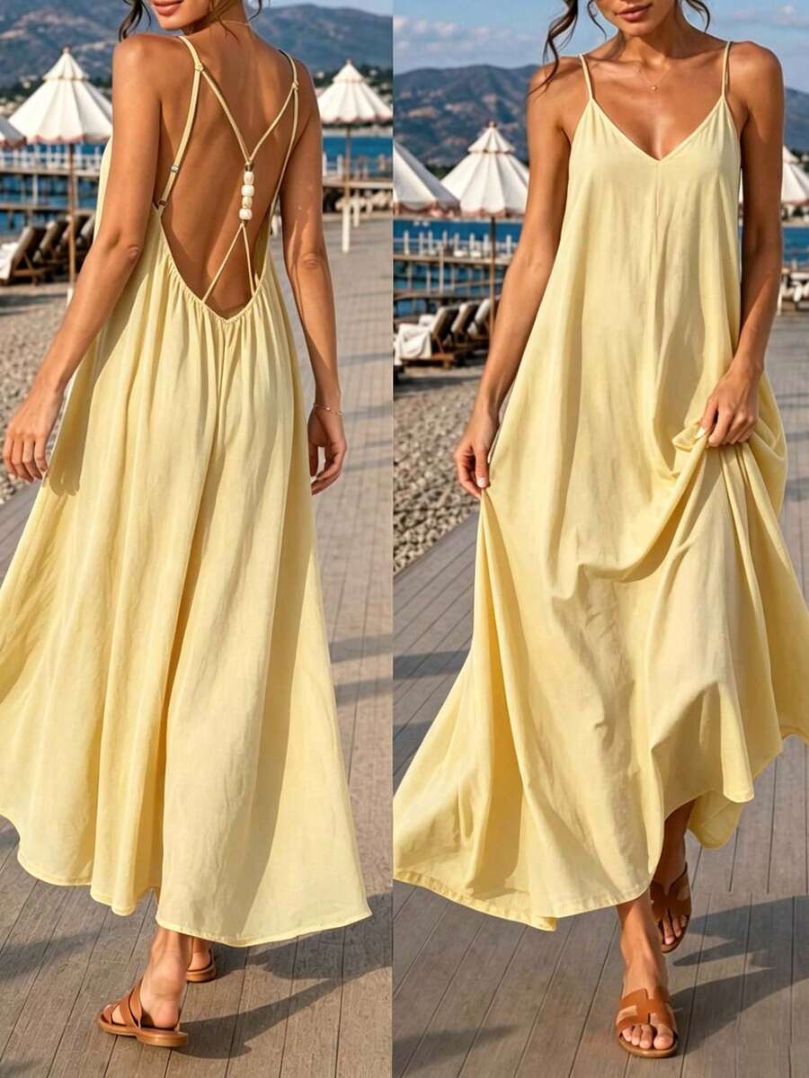 Cévolie Women's Casual Backless Spaghetti Strap Dress For Vacation - Light Yellow - View 1