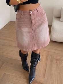 Dazy Plus Regular Mid-Waist A-Line 5-Point Denim Skirt, Casual Elegant Denim Skirt, Plus Size Women Spring Summer Brunch Formal Light Pink Birthday - Pink - View 2