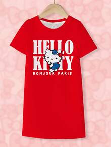 HELLO KITTY AND FRIENDS | SHEIN 少女極簡印花圓領長版洋裝 - 白色 - 查看 1