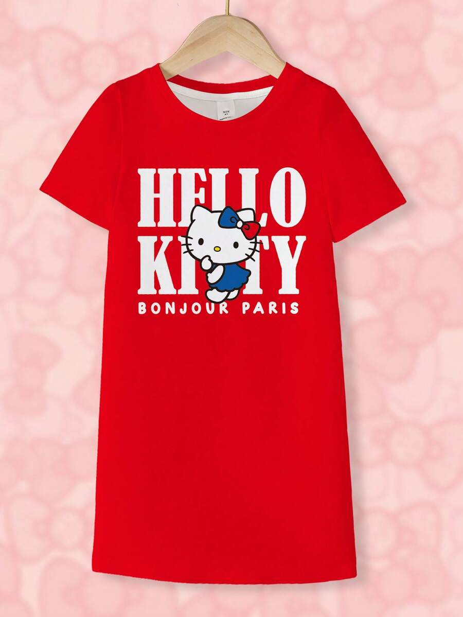 HELLO KITTY AND FRIENDS | SHEIN 少女極簡印花圓領長版洋裝 - 白色 - 查看 1