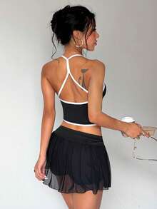 Dewbera Dewbera Women's Colorblock Back Cutout Halter Neck Sports Tank Top Gym Workout Black And White Summer Athletic Sexy - Black and White - View 3