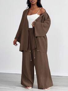 SHEIN PETITE CURVE 大尺碼女款純色長袖開襟衫與長褲休閒日常兩件套 度假辦公巧克力棕色 夏秋款 - 咖啡棕 - 查看 3