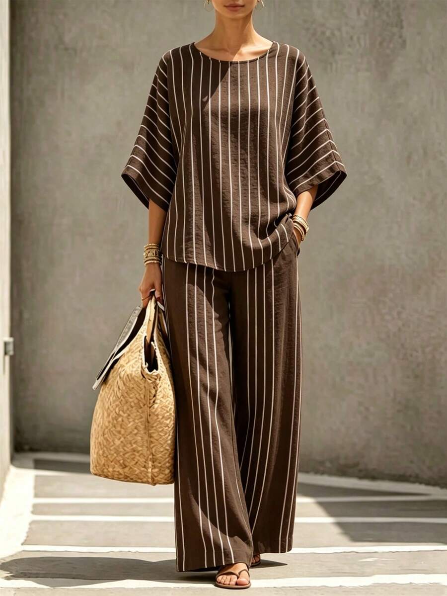 SHEIN Holidaya French Relaxed Style Striped Bell Sleeve Two Pieces Set - Summer Vacation Slimming Loose Sheer Top & Wide Leg Pants Outfit - Brown - View 1