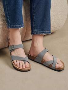 Solecia Sandal Pantai Kasual Wanita dengan Gesper yang Dapat Diatur untuk Sepatu Musim Panas Natal - Flanel abu-abu - View 10