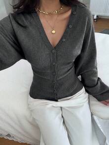 Siren Gaze 女款純色鈕扣修身腰針織開襟衫，休閒日常穿搭，適合秋冬 - 深灰色 - 查看 1