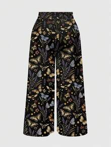 ROMWE Fairycore Plus Size Women's Butterfly Pattern Casual Daily Wear Long Pants - Black - View 2