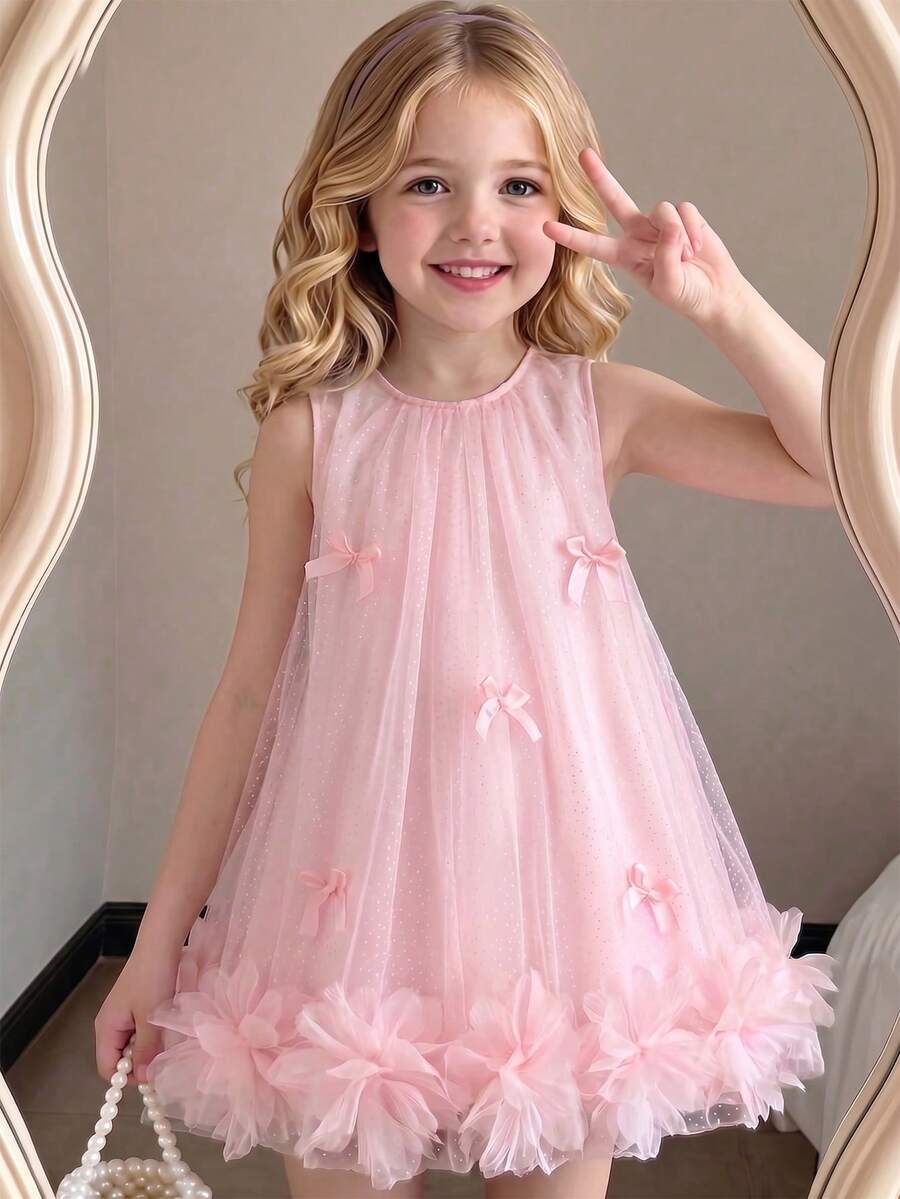 SHEIN Elladie kids 1件装女童夏季无袖银箔装饰连衣裙，甜美可爱风格，优雅海滩度假装扮