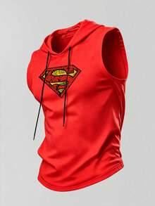 SUPERMAN X SHEIN 男士抽繩連帽休閒百搭日常旅行運動T恤 - 紅色 - 查看 5