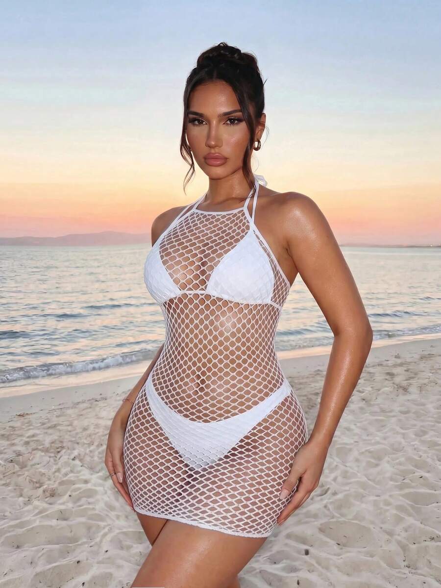 Sirith Sexy White Hollow-Out Sheer Halter Neck Beach Cover-Up Dress For Women - White - View 1