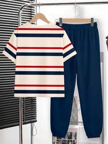 Tween Boy Casual Comfortable Fashion Minimalist Crew Neck Short Sleeve T-Shirt And Long Pants Set, Classic Retro Striped Pattern Print, Exquisite Knight Pony Logo Print, Suitable For Back To School Season - Multicolor - View 4