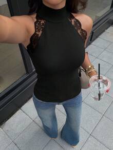 Siren Gaze Women's Lace Patchwork Stand Collar Knit Top - Black - View 6