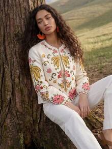CAJUNI Women's Floral Print Round Neck Open Front Long Sleeve Lightweight Jacket - Multicolor - View 5