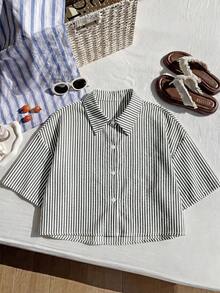 Comfortcana Kemeja Crop Bergaris Kasual Musim Panas Ukuran Besar - Hitam - View 3