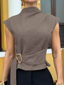 Yohana Edit Khaki Short Sleeve Shirt, Elegant Business Commute Minimalist Vintage Style Formal Shirt, Office Wear Summer - Khaki - View 3
