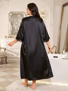 MuseNap CURVE Solid Color Faux Silk Contrast Lace Plus Size Loose Long Nightgown For Women - Black - View 2