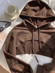 SHEIN EZwear 抽繩細節超短版休閒衛衣－黑白配色，長袖上衣，秋冬巧克力棕色衛衣 - 巧克力棕 - 查看 7