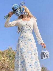 Teen Girls White Open Front Cover Up & Floral Spaghetti Strap Midi Dress,Out Tops Cardigan - Multicolor - View 2