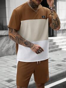 Manfinity CasualCool 男士舒適仿棉華夫格圓領短袖T恤與抽繩鬆緊腰短褲2件套，多色拼接+字母Logo，休閒度假、派對、聚會、好友約會、球類運動、極簡辦公，春夏經典熱銷T恤套裝，適合自穿或送禮給朋友 - 彩色 - 查看 5