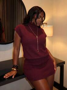 Slaydiva Burgundy Turtleneck Sleeveless Knit Women Bodycon Sweater Dress , Spicy Girl Matching Outfit Halloween Valentine Christmas New Year - Burgundy - View 5