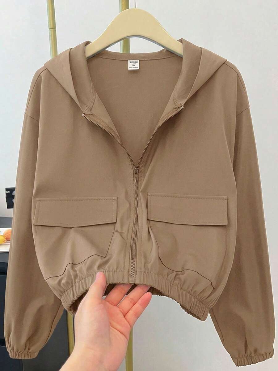 SHEIN 青少年女孩編織純色貼口袋短版寬鬆休閒連帽外套,秋冬款 - 卡其色 - 查看 1