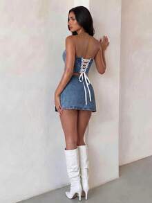 Glamine SHEIN Glamour 夏季時尚短版牛仔抹胸上衣 - 中等水洗藍 - 查看 2