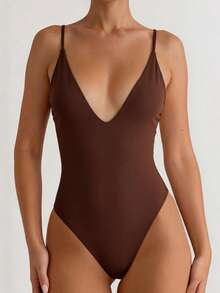 YARNWELL Women's Minimalist Solid Color Spaghetti Strap One-Piece Swimsuit For Beach Vacation - Brown - View 2