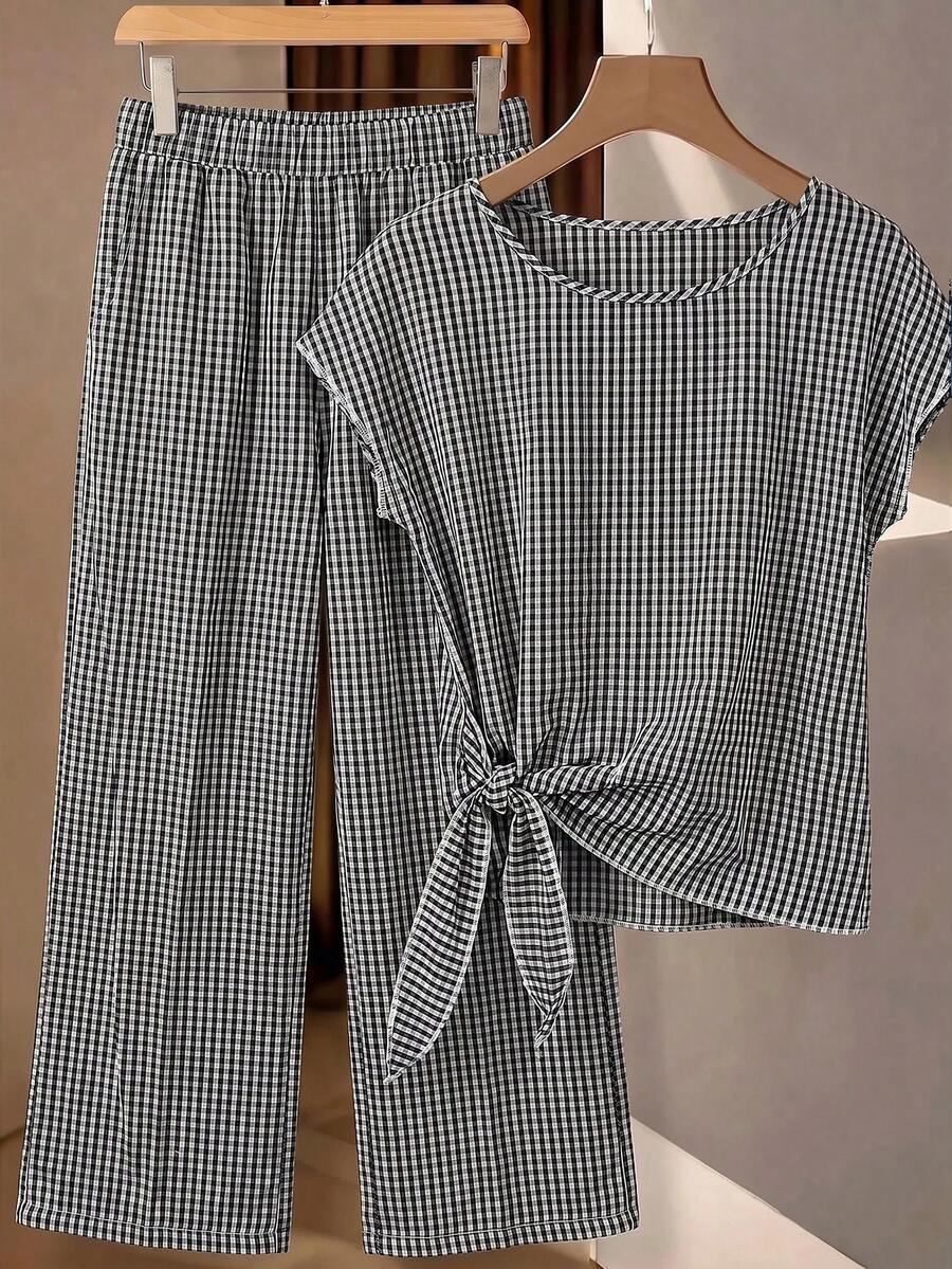 SHEIN Clasi 女款格紋圓領打結上衣與長褲休閒日常兩件套 - 黑與白 - 查看 1