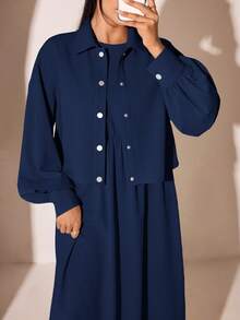 Veilorie Women's Solid Color Pleated Dress And Long Sleeve Cardigan Casual Daily 2-Piece Set - Navy Blue - View 6
