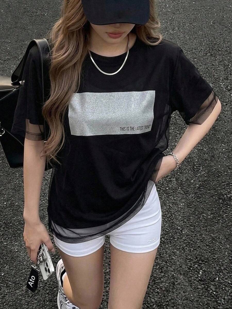FRIFUL Women's Summer Solid Color Patchwork Sheer Mesh Loose Casual Versatile T-Shirt - Black - View 1