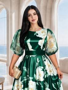 SHEIN Lady CURVE Plus Size Round Neck Raglan Petal Sleeve Summer Elegant Floral Print Dress Olive Green Birthday Evening Wedding Evening Evening Bride Vacation - Green - View 3