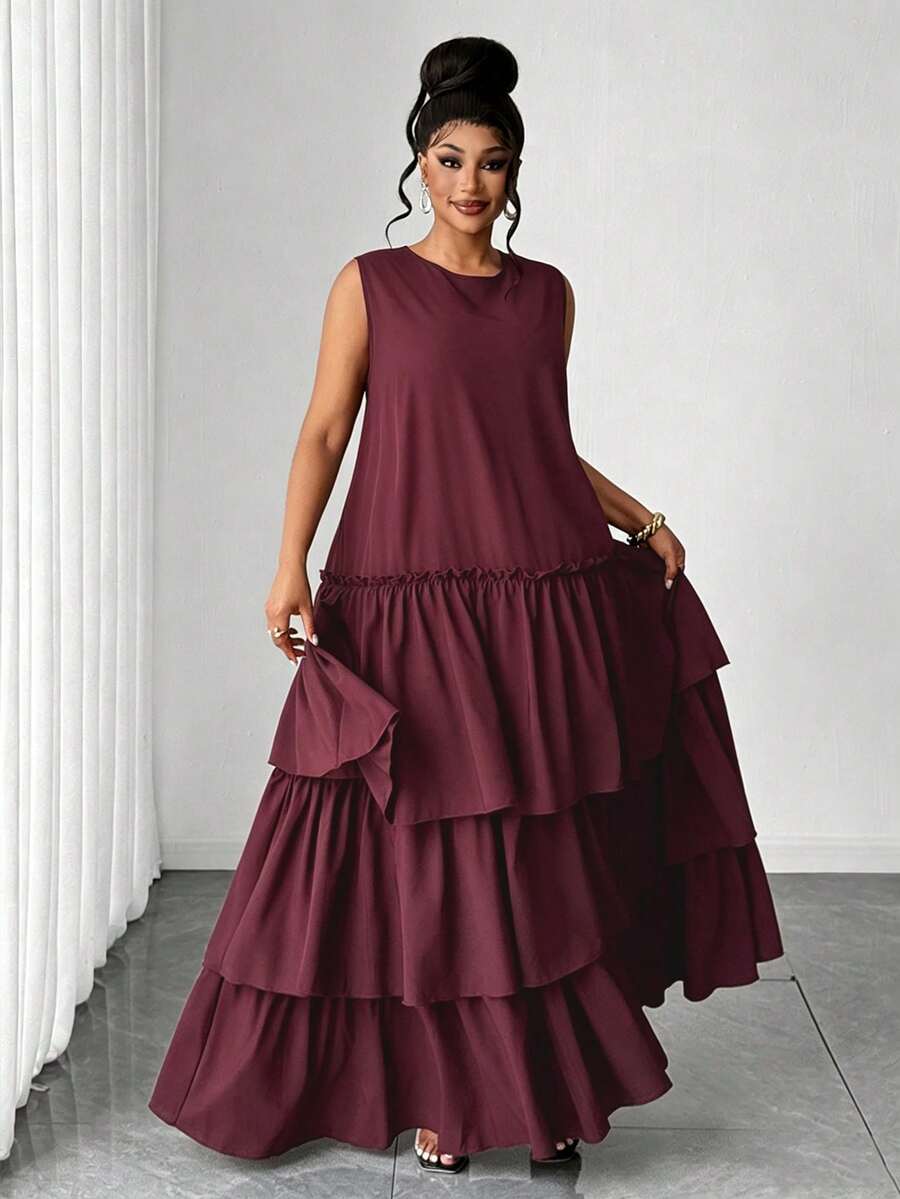 Maweii Elegantes lässiges mehrlagiges ausgestelltes Kleid Große Größen - Bordeaux - Übersicht 1