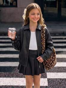 SHEIN Tween Girl Tween Girl Tween Girl 秋冬休閒 PU 皮革外套，日常秋/冬穿著 - 黑色 - 查看 8