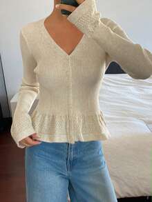DAZY Cardigan Liburan Musim Semi/Gugur Elegan untuk Wanita dengan Motif Bunga, Pinggang Pas, Hem Berumbai, Lengan Panjang, dan Leher V - Aprikot - View 2