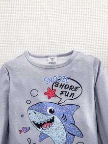 SHEIN Fun Beach Shark Cartoon Snug Fit Smooth Long Sleeve Pajamas For Big Boys, High Elasticity Slim Fit Home Wear 2 Pieces Set - Grey - View 8