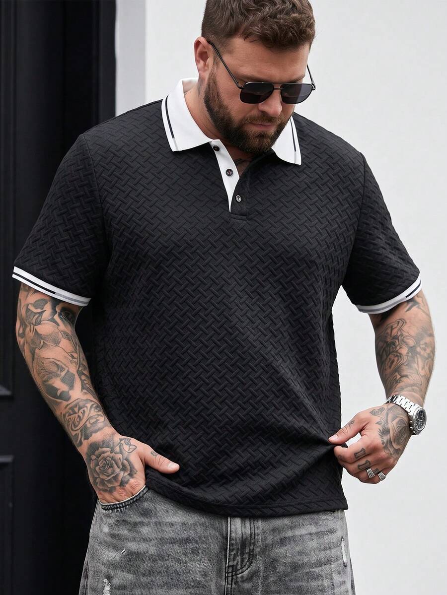 DRIVNCORE Plus Size Men's Casual Colorblock Polo Shirt, Summer, Formal - Black - View 1