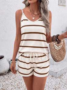 EMERY ROSE Women's Striped Colorblock Camisole Top And Tie-Up Shorts 2 Pieces Set - Multicolor - View 1