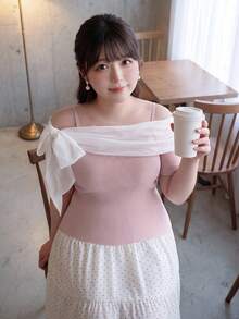 Bijouette 大尺碼拼色拼接綁帶露肩背心式針織衫 - 粉色 - 查看 3