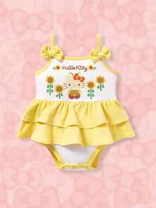 HELLO KITTY AND FRIENDS | SHEIN Baby Girl  Co-Branded Double-Layered Ruffle Hem Bodysuit With Bowknot Straps - Mustard Yellow - View 1