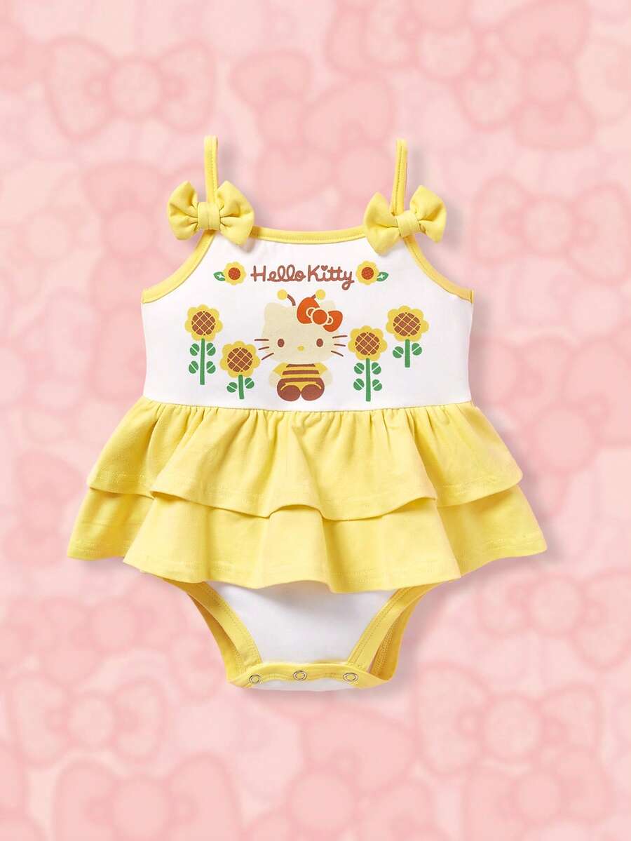 HELLO KITTY AND FRIENDS | SHEIN Baby Girl Co-Branded Double-Layered Ruffle Hem Bodysuit With Bowknot Straps - Mustard Yellow - View 1