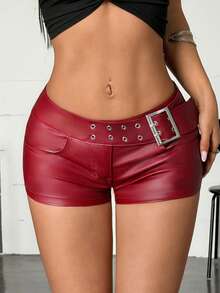 Jeanoix Y2K Fashion Low Waist Buckle Belt Coated Shorts - Red - View 1